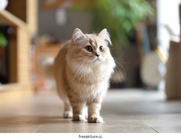 A cute munchkin cat is walking on the wooden floor