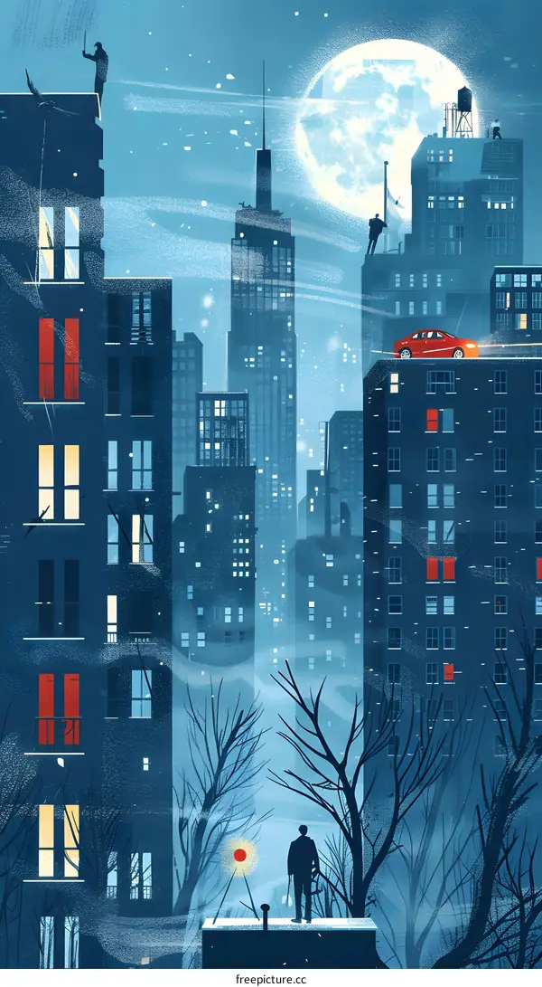 Night Cityscape Illustration with Man on Rooftop
