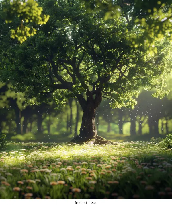 Enchanted Forest with Flowers and a Majestic Tree