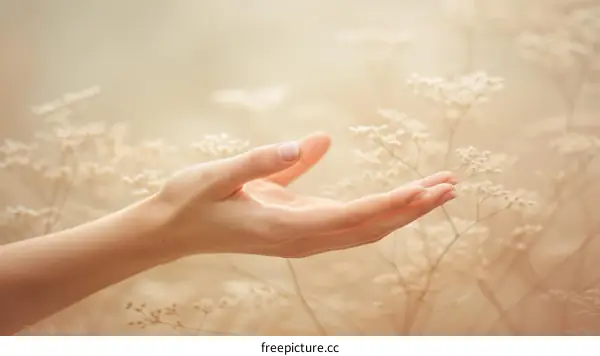A Young Woman's Hand Gently Caressing a Flower