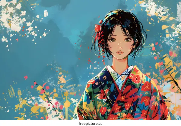 An illustration of a young woman in a kimono standing in a field of flowers.