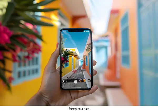 Person holding a phone taking a picture of colorful buildings