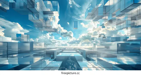 Abstract 3D Architecture with Glass Cubes and Cloudy Sky