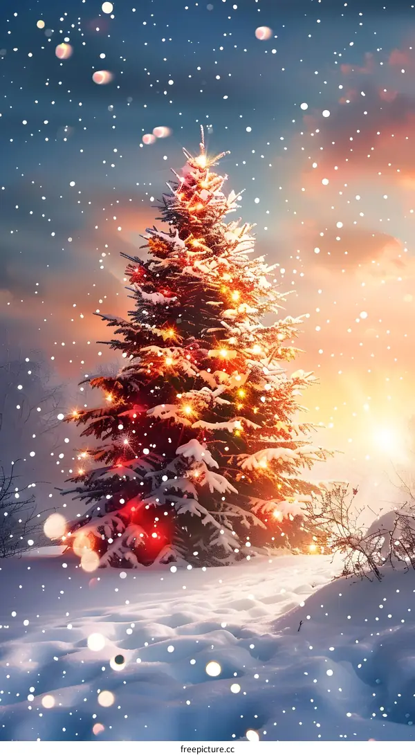 A beautiful Christmas tree covered with snow and decorated with red lights stands in a snowy forest during the day.