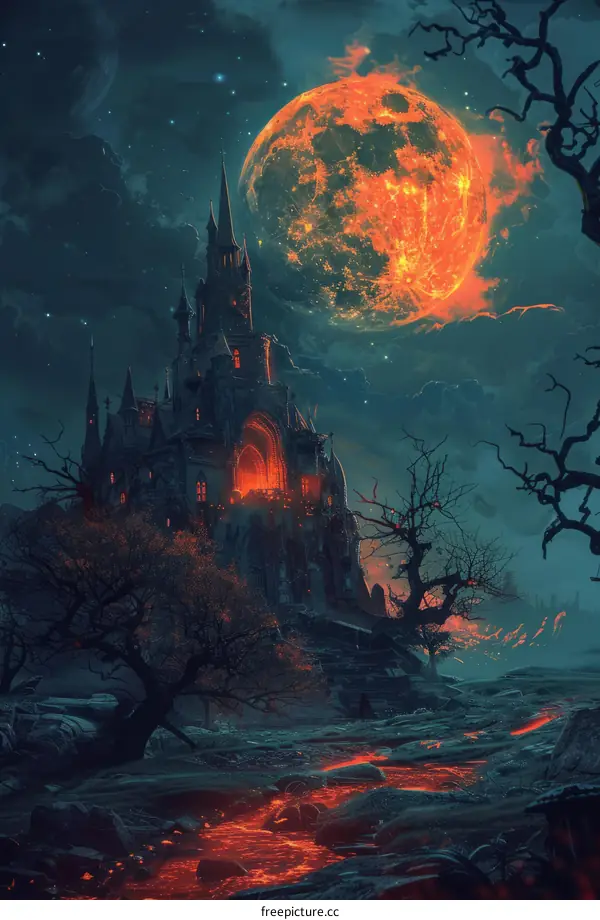 Gothic Castle Illustration with Red Moon