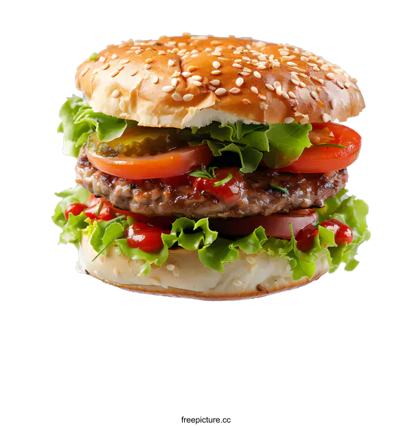 [Transparent Background PNG]Closeup of a Classic Cheeseburger with Lettuce, Tomato, and Pickles