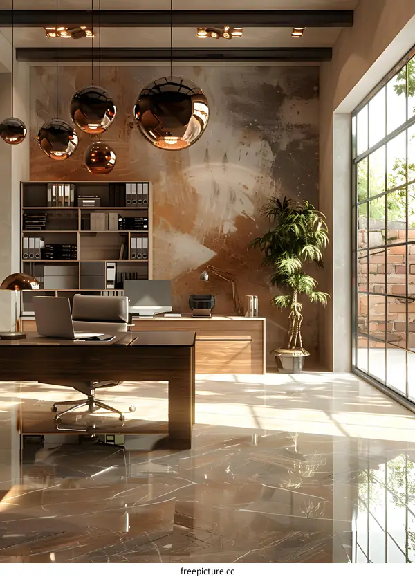 Luxury office interior with marble floor and designer furniture
