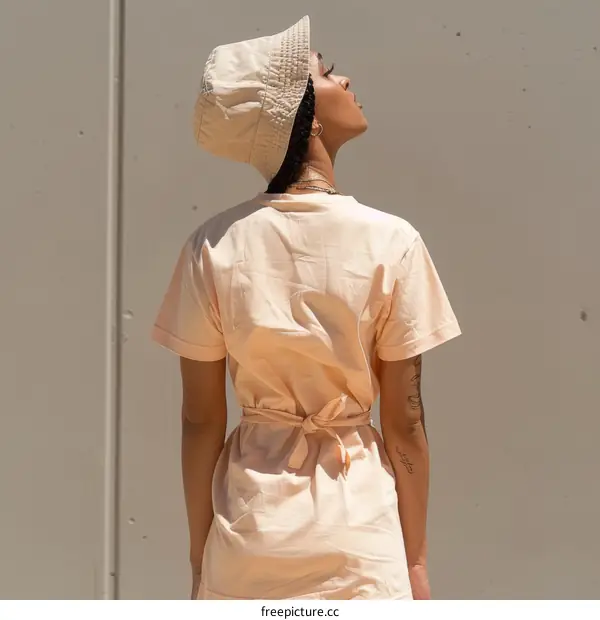 Woman wearing a bucket hat and a peach colored t-shirt dress