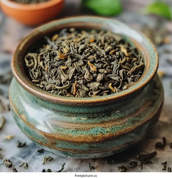 Green Tea Leaves in a Ceramic Bowl
