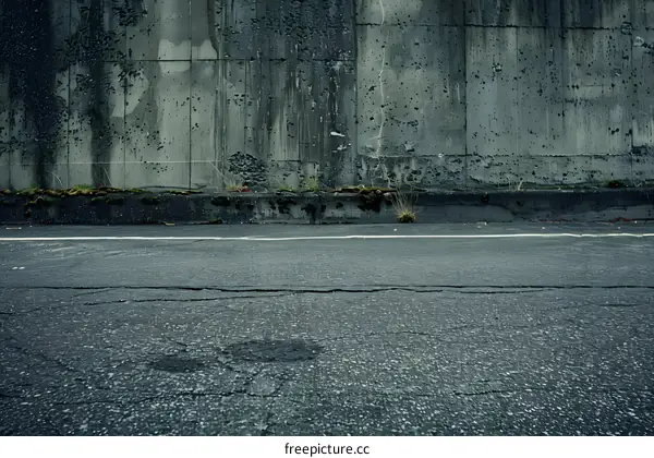 Cracked Asphalt Road and Concrete Wall