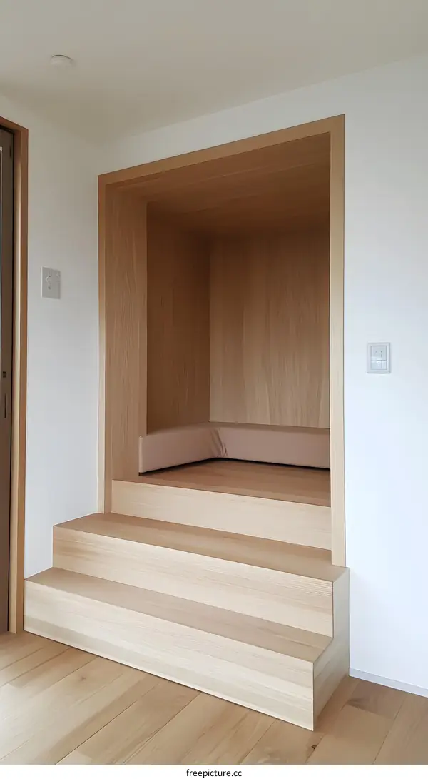 Modern Wooden Niche with Cushioned Seating in a Minimalist Interior