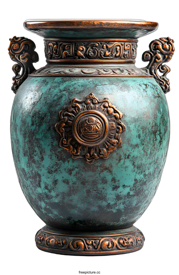 [Transparent Background PNG]Antique Green and Copper Vase with Intricate Design