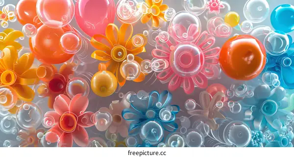 Colorful plastic flowers and bubbles