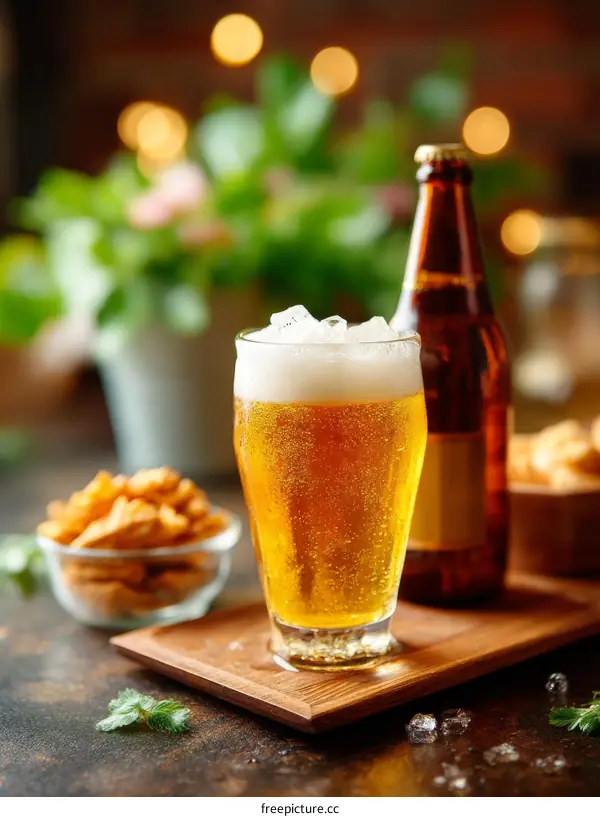 Cold Beer with Snacks on Wooden Tray