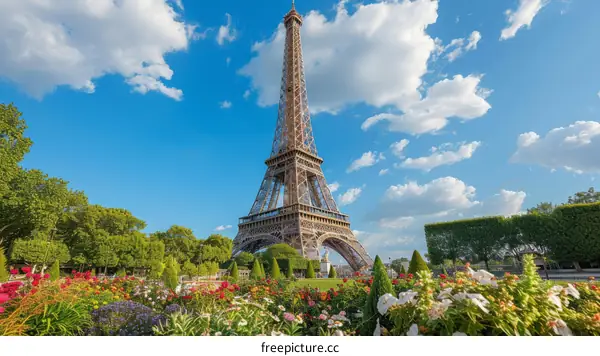 The Eiffel Tower on a Summer Day with Flowers