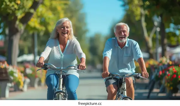 Happy senior couple riding bicycles together in the park