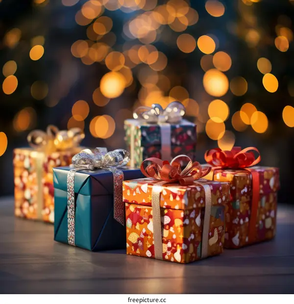 Colorful Christmas Gift Boxes with Ribbons and Bows