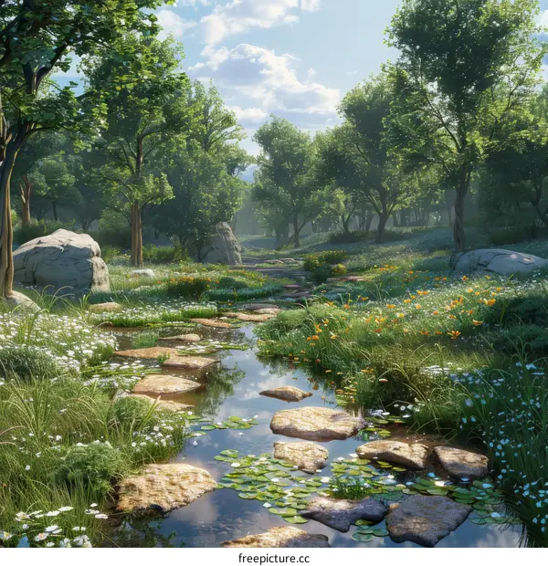 Flowing Water in Serene Green Forest