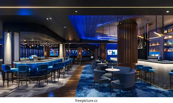 Modern Bar Interior Design with Blue and Wood Tones