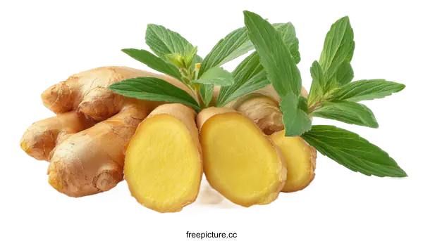 [Transparent Background PNG]Fresh Ginger Root with Mint Leaves
