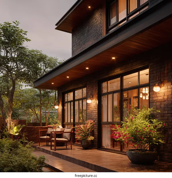 Modern Outdoor Patio of a Brick House at Dusk