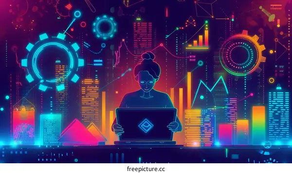 A woman using a laptop in a digital city