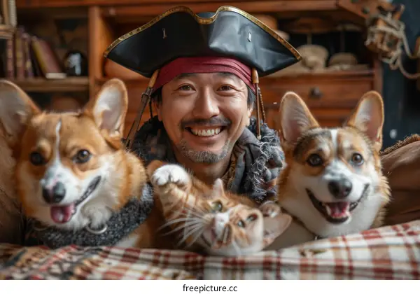A man and his two dogs and a cat in pirate costumes