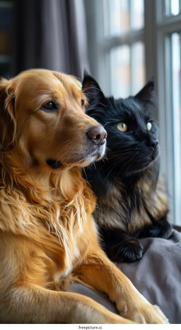 A Golden Retriever and a black cat are sitting on a couch looking out the window.
