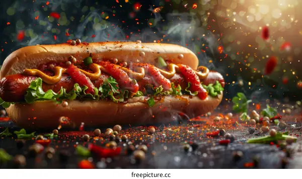 Hot dog with mustard, ketchup, and lettuce on a wooden table