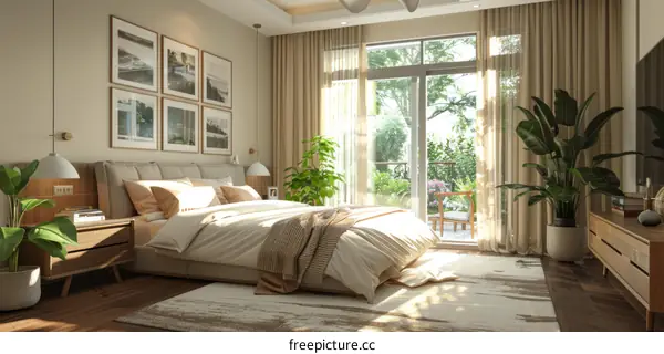 Spacious Bedroom Interior with Large Windows and Plants
