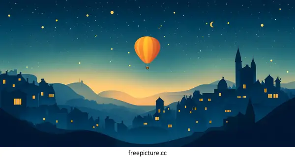 Hot Air Balloon Flying Over City at Night
