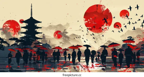 People Walking on Traditional Japanese Street with Mount Fuji