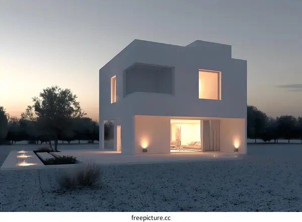 Modern Minimalist Home Exterior Design with  White Walls and Large Windows