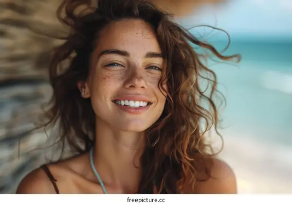 Smiling Woman with Curly Hair by the Sea