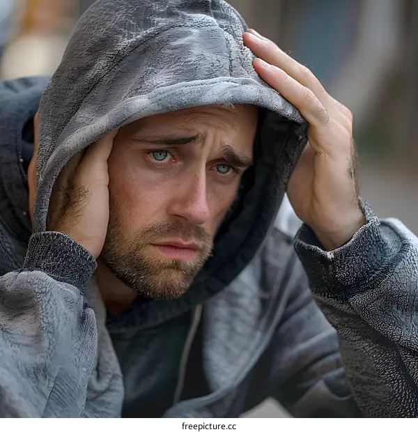 Portrait of a man in a gray hoodie looking sad and thoughtful