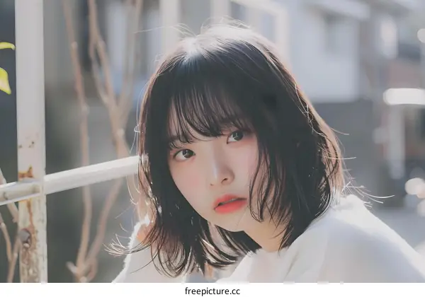 Young Asian Woman with Short Black Hair Posing by a Fence
