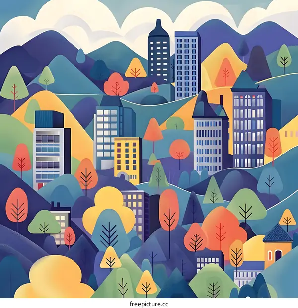 Cityscape Illustration with Buildings and Trees in a Flat Design Style