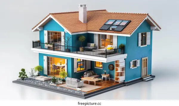 Two-Story Blue House with Red Roof 3D Rendering