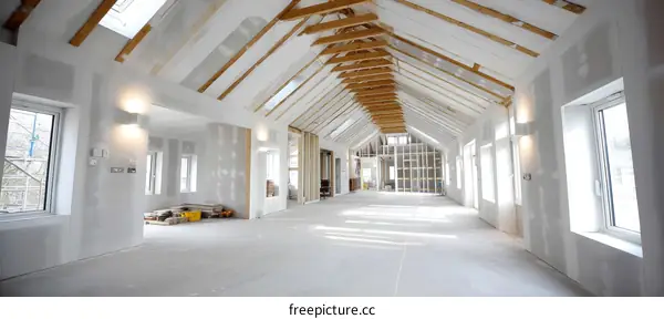 Under Construction Spacious Interior with Exposed Wood Beams