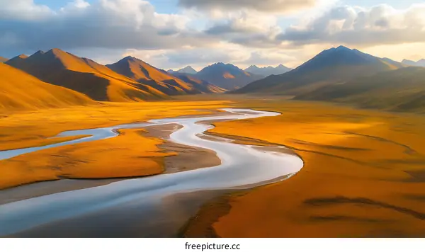 Golden Mountain River Valley at Sunset