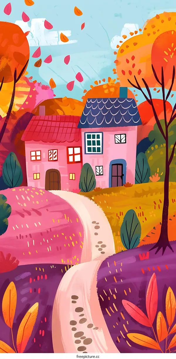 Autumn Illustration With Pink Houses and Falling Leaves