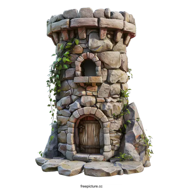 [Transparent Background PNG]A stone tower with a wooden door and vines growing on it