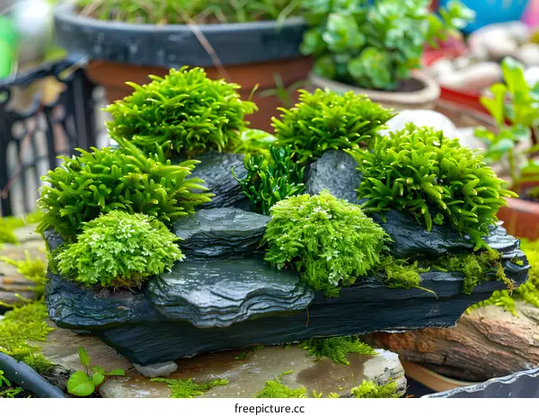Green Moss on Rocks with Small Plants