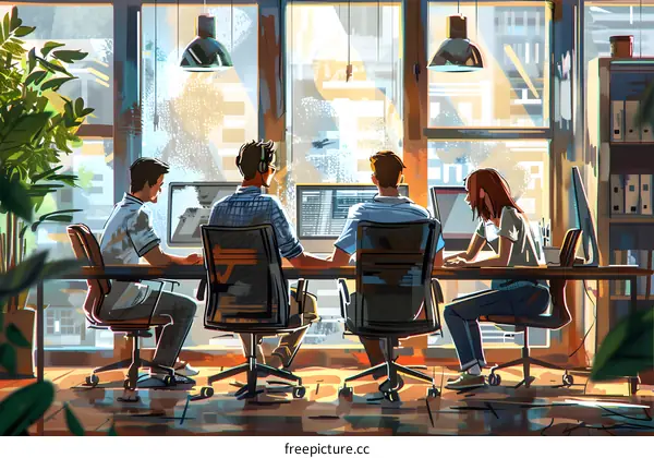 Four people in an office are working on computers