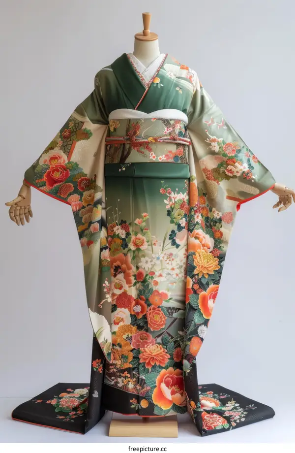 Japanese Geisha in a Green Kimono