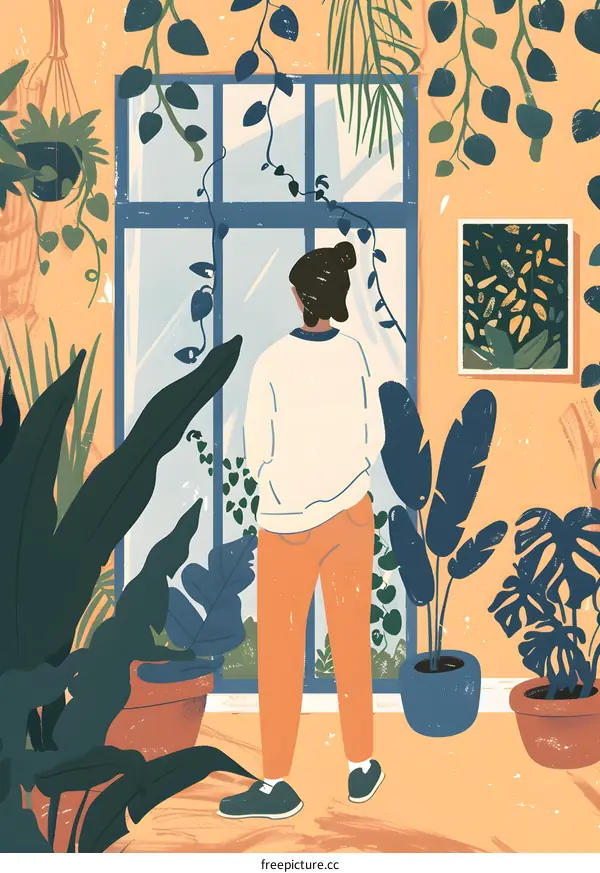 Woman Standing by Window in a Plant Filled Room