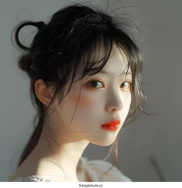 Close Up Portrait of Asian Woman with Red Lips and Messy Hair