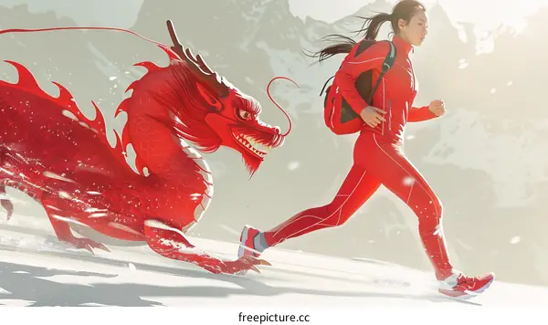 A woman running with a red dragon in the snow