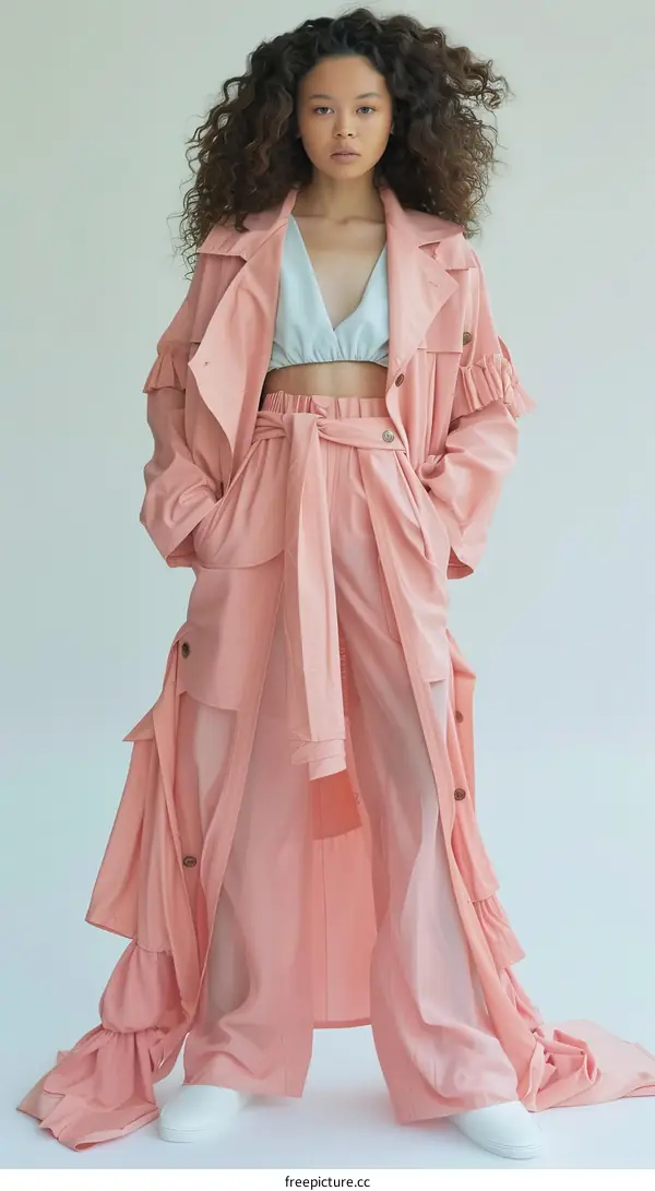 peach colored outfit with white sneakers