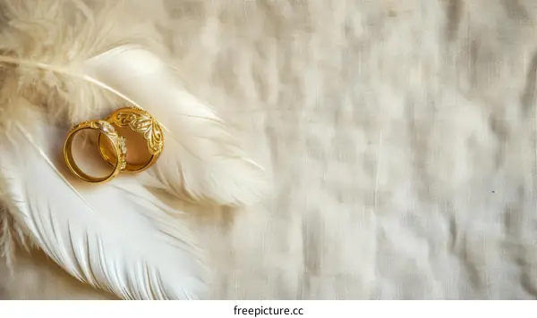 Two gold wedding rings on white feathers